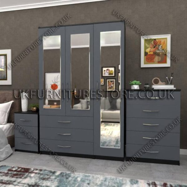 Front Gray Side Black 3 Door Wardrobe Set With 3 Mirrors and 3 Bottom Drawers