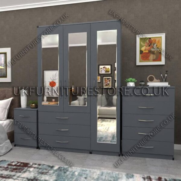 Gray 3 Door Wardrobe Set With 3 Mirrors and 3 Bottom Drawers