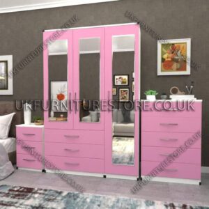 Front Pink Side White 3 Door Wardrobe Set With 3 Mirrors and 3 Bottom Drawers