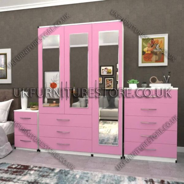 Front Pink Side White 3 Door Wardrobe Set With 3 Mirrors and 3 Bottom Drawers