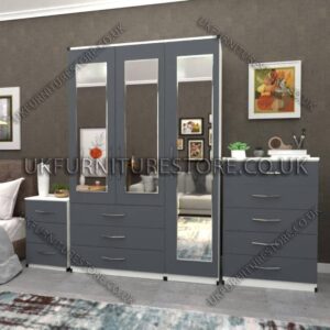 Front Gray Side White 3 Door Wardrobe Set With 3 Mirrors and 3 Bottom Drawers