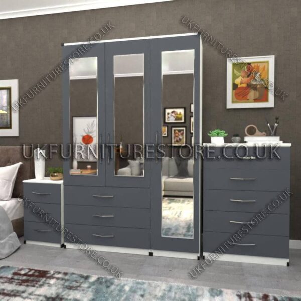 Front Gray Side White 3 Door Wardrobe Set With 3 Mirrors and 3 Bottom Drawers