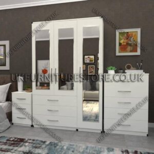 White 3 Door Wardrobe Set With 3 Mirrors and 3 Bottom Drawers