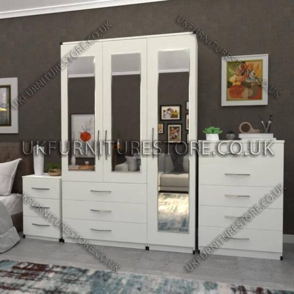 White 3 Door Wardrobe Set With 3 Mirrors and 3 Bottom Drawers