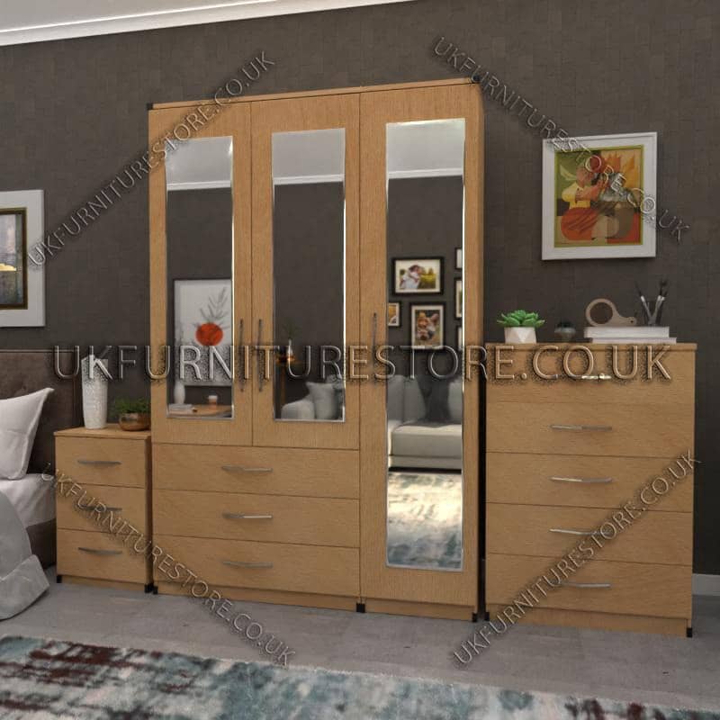 Beech 3 Door Wardrobe Set With 3 Mirrors and 3 Bottom Drawers