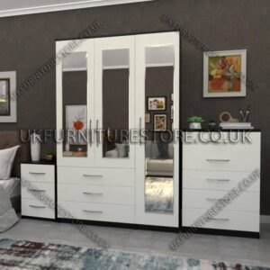 Front White Side Black 3 Door Wardrobe Set With 3 Mirrors and 3 Bottom Drawers