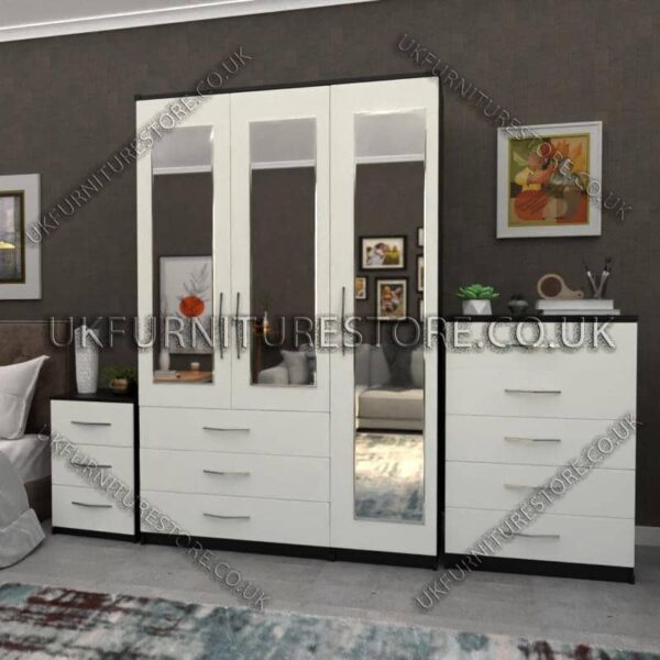 Front White Side Black 3 Door Wardrobe Set With 3 Mirrors and 3 Bottom Drawers