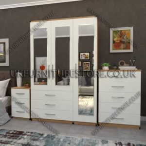 Front White Side Oak 3 Door Wardrobe Set With 3 Mirrors and 3 Bottom Drawers