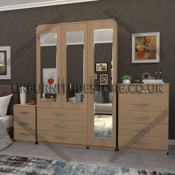 Oak 3 Door Wardrobe Set With 3 Mirrors and 3 Bottom Drawers