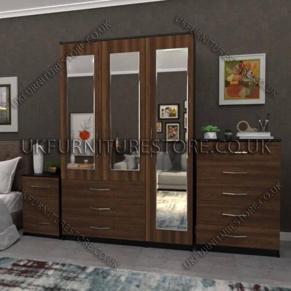 Front White Side Black 3 Door Wardrobe Set With 3 Mirrors and 3 Bottom Drawers