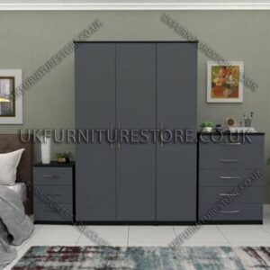 Front Gray Side Black 3 Door Wardrobe Set With Chest Drawers