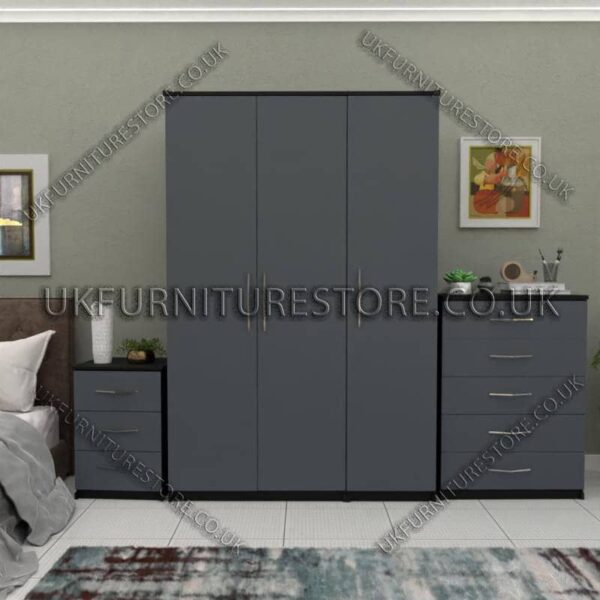 Front Gray Side Black 3 Door Wardrobe Set With Chest Drawers