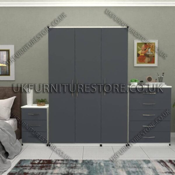 Front Gray Side White 3 Door Wardrobe Set With Chest Drawers