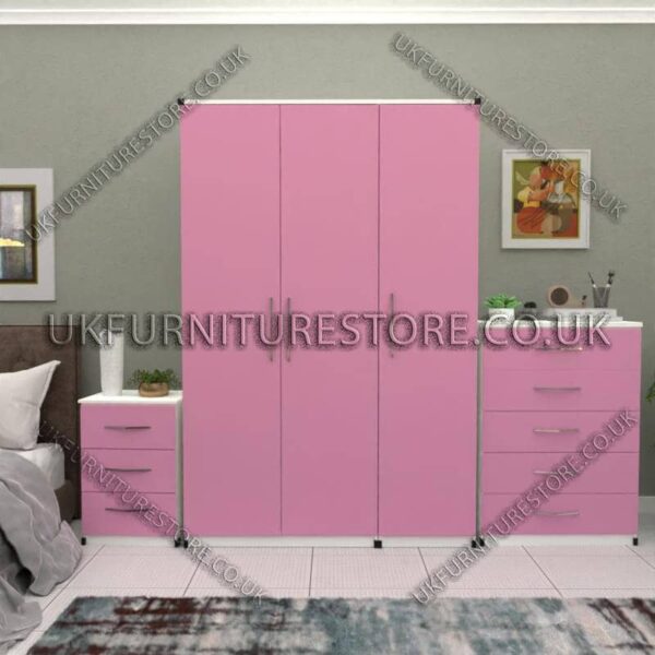 Front Pink Side White 3 Door Wardrobe Set With Chest Drawers