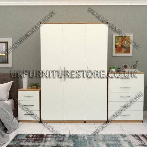 Front White Side Oak 3 Door Wardrobe Set With Chest Drawers