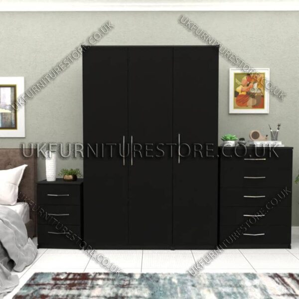 Black 3 Door Wardrobe Set With Chest Drawers