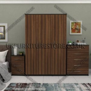 Front Walnut Side Black 3 Door Wardrobe Set With Chest Drawers