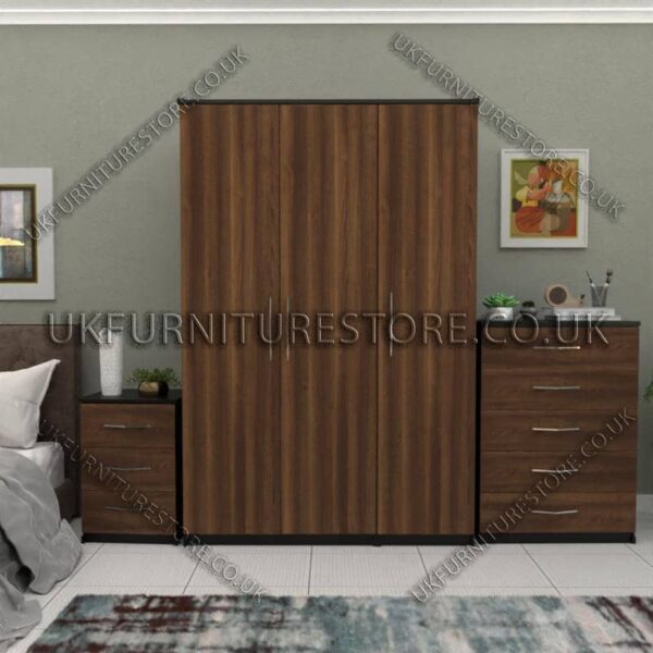 Front Walnut Side Black 3 Door Wardrobe Set With Chest Drawers