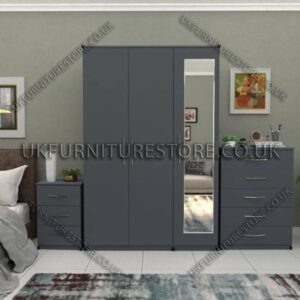 Gray 3 Door Wardrobe Set With 1 Mirror and Chest Drawers
