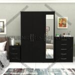 Black 3 Door Wardrobe Set With 1 Mirror and Chest Drawers