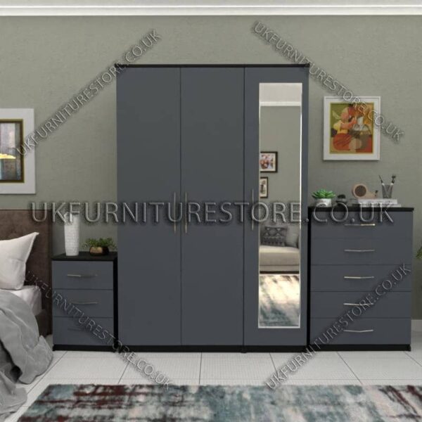 Front Gray Side Black 3 Door Wardrobe Set With 1 Mirror and Chest Drawers