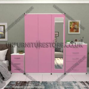 Front Pink Side White 3 Door Wardrobe Set With 1 Mirror and Chest Drawers