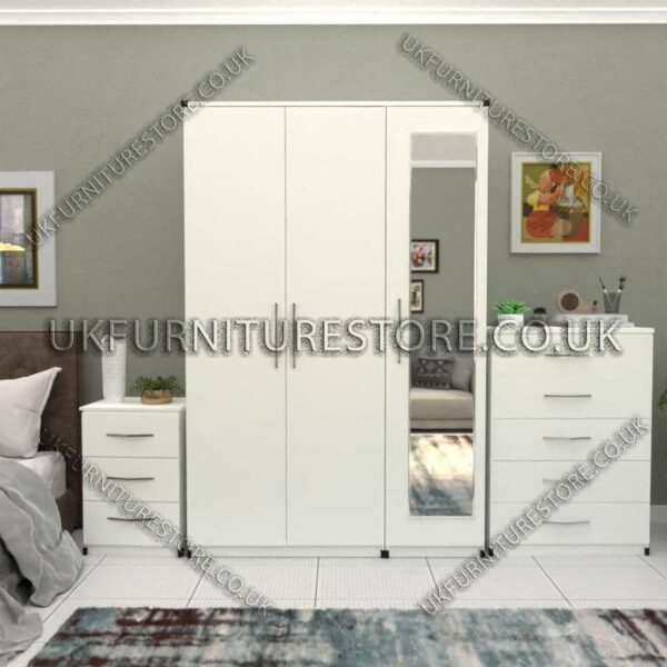 White 3 Door Wardrobe Set With 1 Mirror and Chest Drawers