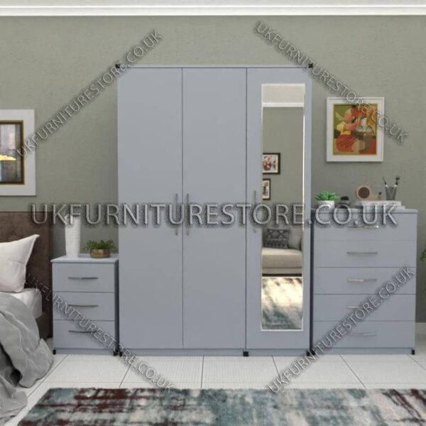 Silver 3 Door Wardrobe Set With 1 Mirror and Chest Drawers