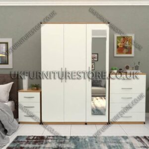 Front White Side Oak 3 Door Wardrobe Set With 1 Mirror and Chest Drawers