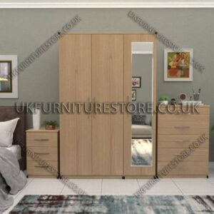 Oak 3 Door Wardrobe Set With 1 Mirror and Chest Drawers