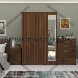 Walnut 3 Door Wardrobe Set With 1 Mirror and Chest Drawers