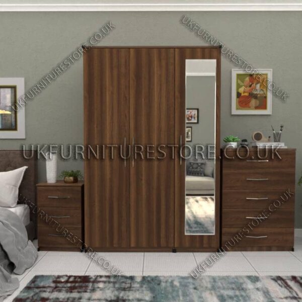 Walnut 3 Door Wardrobe Set With 1 Mirror and Chest Drawers