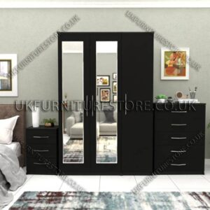 Black 3 Door Wardrobe Set With 2 Mirrors and Chest Drawers