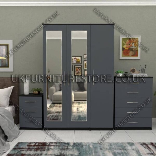 Front Gray Side Black 3 Door Wardrobe Set With 2 Mirrors and Chest Drawers