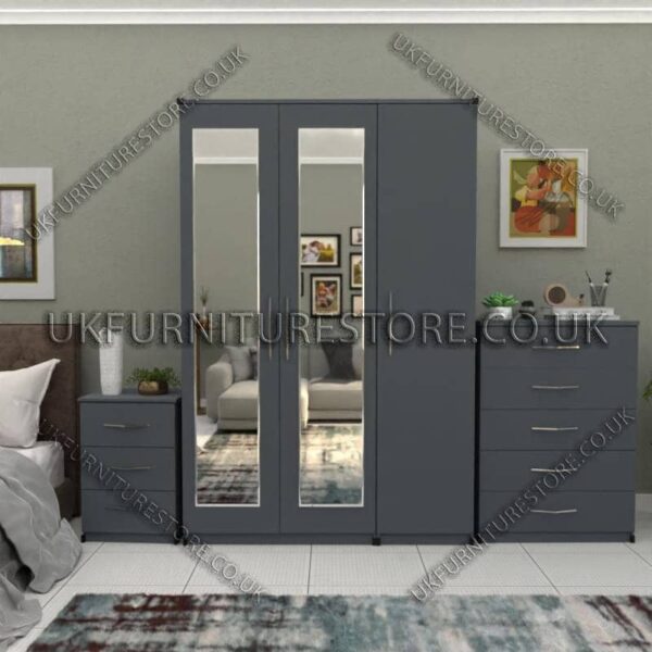 Gray 3 Door Wardrobe Set With 2 Mirrors and Chest Drawers