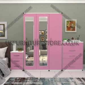 Front Pink Side White 3 Door Wardrobe Set With 2 Mirrors and Chest Drawers