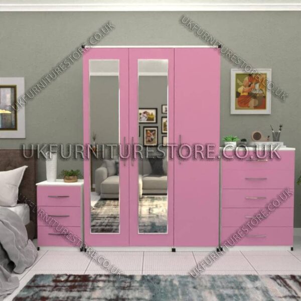 Front Pink Side White 3 Door Wardrobe Set With 2 Mirrors and Chest Drawers