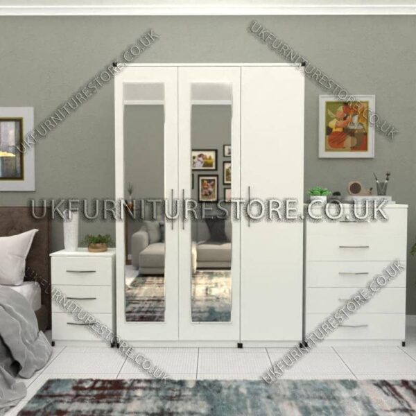 White 3 Door Wardrobe Set With 2 Mirrors and Chest Drawers