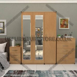 Beech 3 Door Wardrobe Set With 2 Mirrors and Chest Drawers