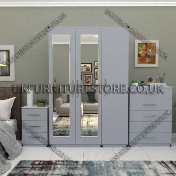 Silver 3 Door Wardrobe Set With 2 Mirrors and Chest Drawers