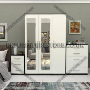 Front White Side Black 3 Door Wardrobe Set With 2 Mirrors and Chest Drawers