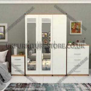 Front White Side Oak 3 Door Wardrobe Set With 2 Mirrors and Chest Drawers