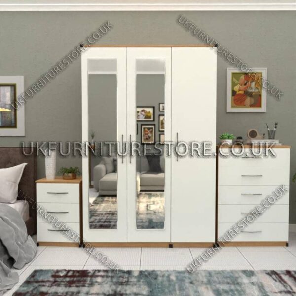 Front White Side Oak 3 Door Wardrobe Set With 2 Mirrors and Chest Drawers