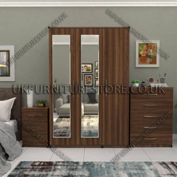 Walnut 3 Door Wardrobe Set With 2 Mirrors and Chest Drawers
