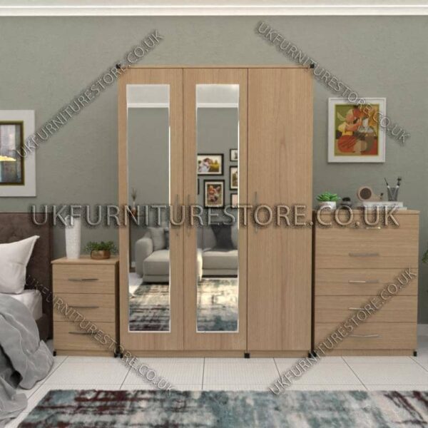 Oak 3 Door Wardrobe Set With 2 Mirrors and Chest Drawers