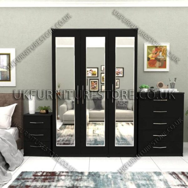 Black 3 Door Wardrobe Set With 3 Mirrors and Chest Drawers