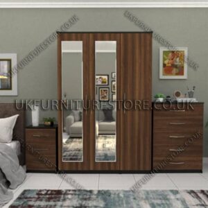 Front Walnut Side Black 3 Door Wardrobe Set With 2 Mirrors and Chest Drawers