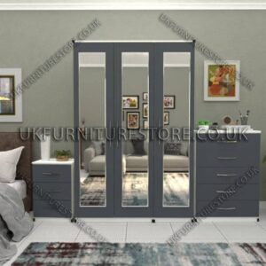 Front Gray Side White 3 Door Wardrobe Set With 3 Mirrors and Chest Drawers