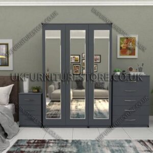 Gray 3 Door Wardrobe Set With 3 Mirrors and Chest Drawers