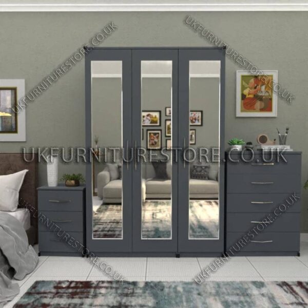 Gray 3 Door Wardrobe Set With 3 Mirrors and Chest Drawers